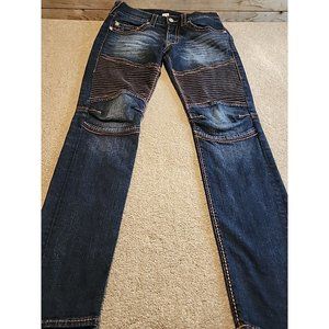 True Religion Jeans Men 31 Skinny Moto  Biker  Big T Red Orange  Stitch  Stretch